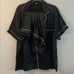 Black Satin Pajama Set with White Piping